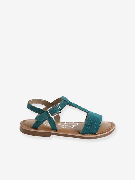 Leren sandalen voor meisjes, collectie kleuterschool 6467+bruin+bruin, bedrukt+turquoiseblauw - vertbaudet enfant 