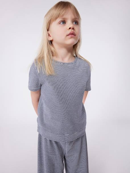 Pyjama kind met korte mouwen en wijde pijpen, gestreept PETIT BATEAU marineblauw - vertbaudet enfant 