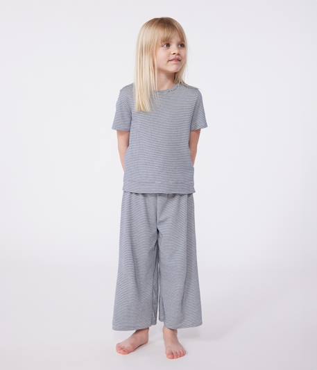 Pyjama kind met korte mouwen en wijde pijpen, gestreept PETIT BATEAU marineblauw - vertbaudet enfant 