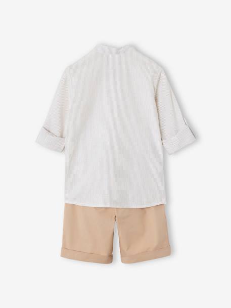Net jongenshemd, Mao-kraag en korte broek beige+blauw, gestreept - vertbaudet enfant 