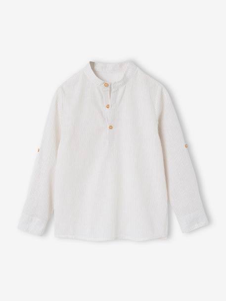 Net jongenshemd, Mao-kraag en korte broek beige+blauw, gestreept - vertbaudet enfant 