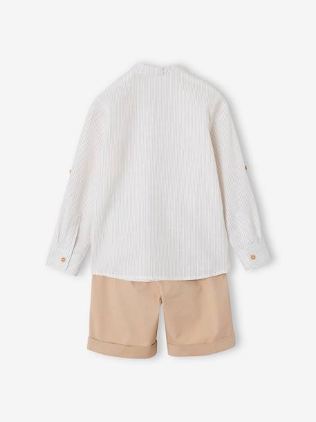 Net jongenshemd, Mao-kraag en korte broek beige+blauw, gestreept - vertbaudet enfant 