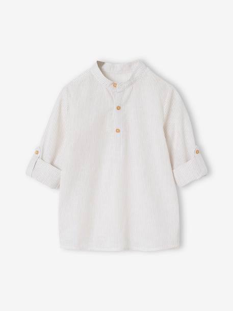 Net jongenshemd, Mao-kraag en korte broek beige+blauw, gestreept - vertbaudet enfant 