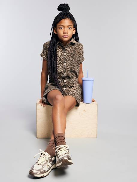 Denim short met luipaardprint beige - vertbaudet enfant 