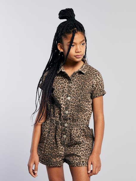 Denim short met luipaardprint beige - vertbaudet enfant 