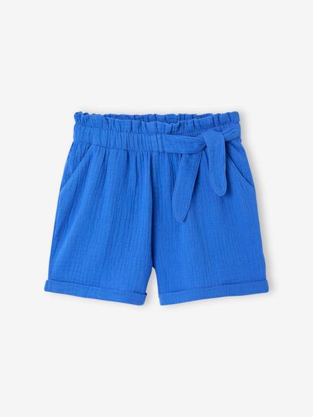 Meisjesshort in 'paperbag'-stijl, van katoengaas beige+felblauw+koraal+saliegroen - vertbaudet enfant 