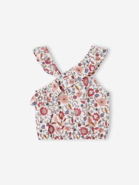 Asymmetrische meisjesblouse met bloemenprint en volant ecru - vertbaudet enfant 