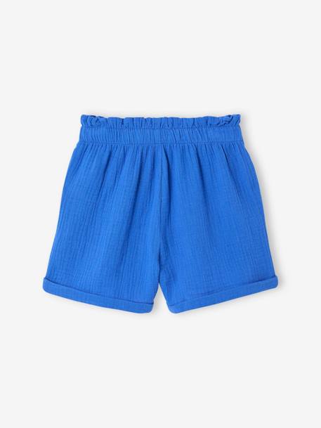 Meisjesshort in 'paperbag'-stijl, van katoengaas beige+felblauw+koraal+saliegroen - vertbaudet enfant 