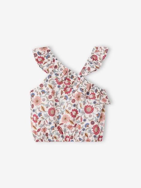Asymmetrische meisjesblouse met bloemenprint en volant ecru - vertbaudet enfant 
