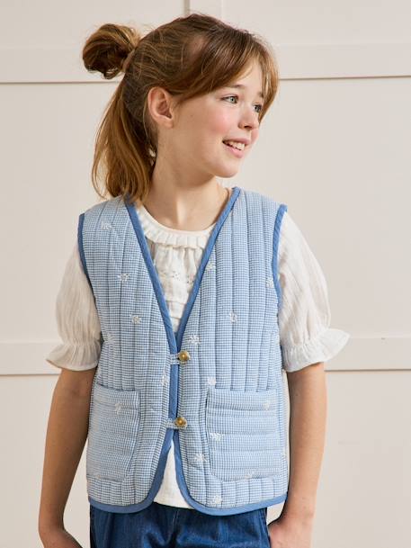 Gewatteerd vestje zonder mouwen voor meisjes CYRILLUS vichy geborduurd blauw, geruit - vertbaudet enfant 
