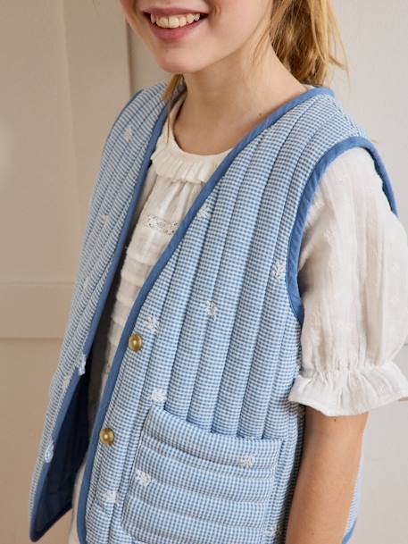 Gewatteerd vestje zonder mouwen voor meisjes CYRILLUS vichy geborduurd blauw, geruit - vertbaudet enfant 