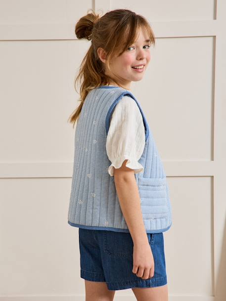 Gewatteerd vestje zonder mouwen voor meisjes CYRILLUS vichy geborduurd blauw, geruit - vertbaudet enfant 