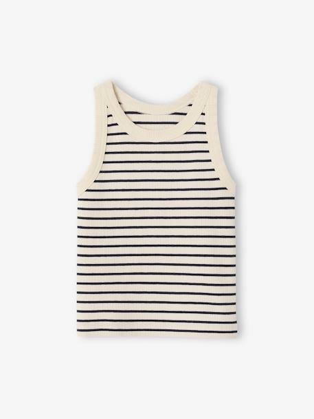 Meisjessweater in ribstof beige+blauw, gestreept+ecru+saliegroen - vertbaudet enfant 