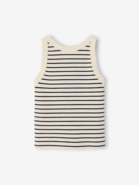 Meisjessweater in ribstof beige+blauw, gestreept+ecru+saliegroen - vertbaudet enfant 