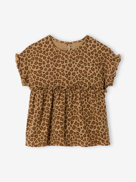 Meisjesblouse met print van katoengaas beige+grijsblauw - vertbaudet enfant 
