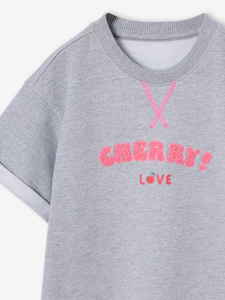 Meisjesjurk in lichte fleece met aangebracht motief blauw, gestreept+gemêleerd grijs+groen+saliegroen - vertbaudet enfant 