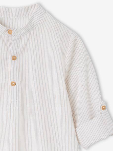 Net jongenshemd, Mao-kraag en korte broek beige+blauw, gestreept - vertbaudet enfant 