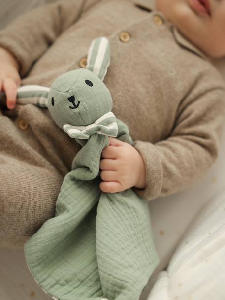 Personliseerbaar knuffeldoekje in biologisch katoenen mousseline ENVIE DE FRAISE saliegroen - vertbaudet enfant 
