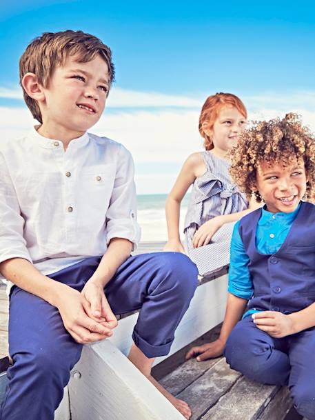 Jongensoverhemd met maokraag van katoen/linnen met oprolbare mouwen hemelsblauw+leiblauw+saliegroen+wit - vertbaudet enfant 