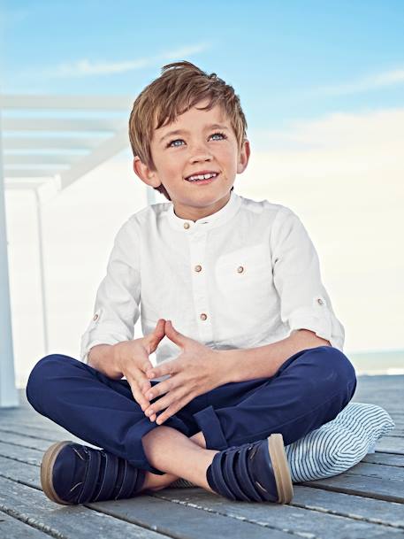 Jongensoverhemd met maokraag van katoen/linnen met oprolbare mouwen hemelsblauw+leiblauw+saliegroen+wit - vertbaudet enfant 