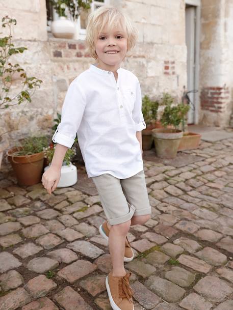 Jongensoverhemd met maokraag van katoen/linnen met oprolbare mouwen hemelsblauw+leiblauw+saliegroen+wit - vertbaudet enfant 
