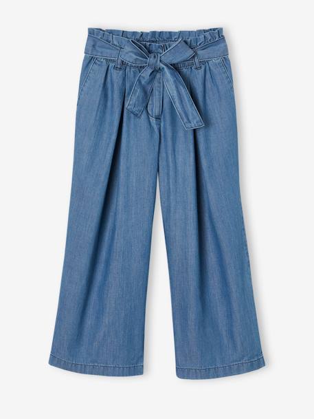 Wijde 'paperbag'-driekwartmeisjesbroek van licht denim double stone+middenblauw - vertbaudet enfant 