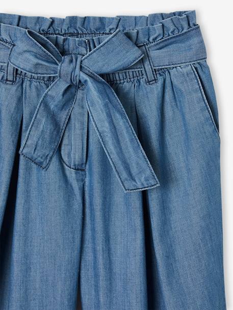 Wijde 'paperbag'-driekwartmeisjesbroek van licht denim double stone+middenblauw - vertbaudet enfant 