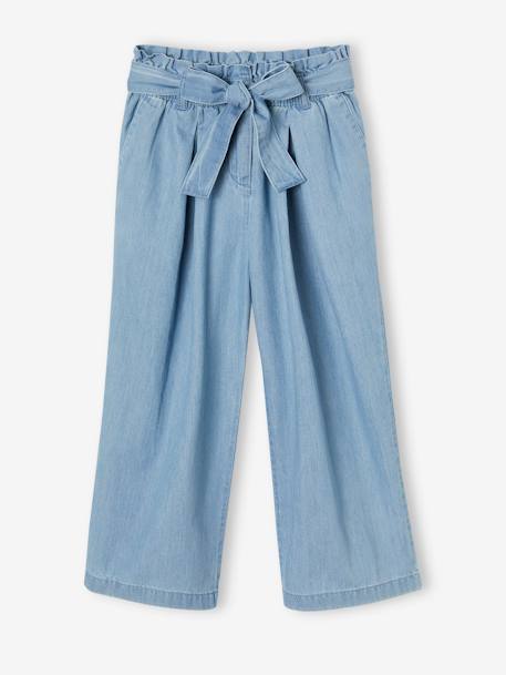 Wijde 'paperbag'-driekwartmeisjesbroek van licht denim double stone+middenblauw - vertbaudet enfant 