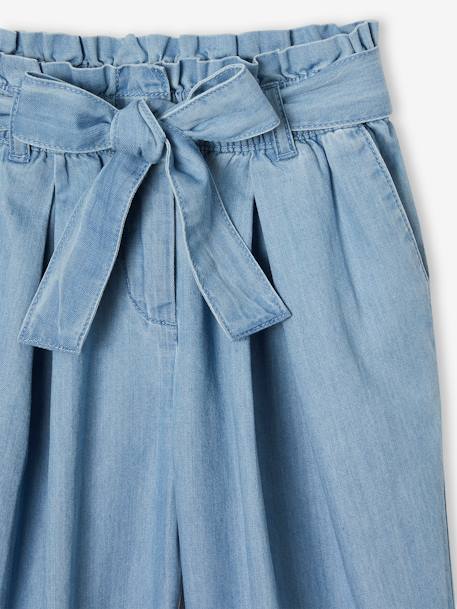 Wijde 'paperbag'-driekwartmeisjesbroek van licht denim double stone+middenblauw - vertbaudet enfant 