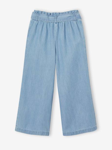 Wijde 'paperbag'-driekwartmeisjesbroek van licht denim double stone+middenblauw - vertbaudet enfant 