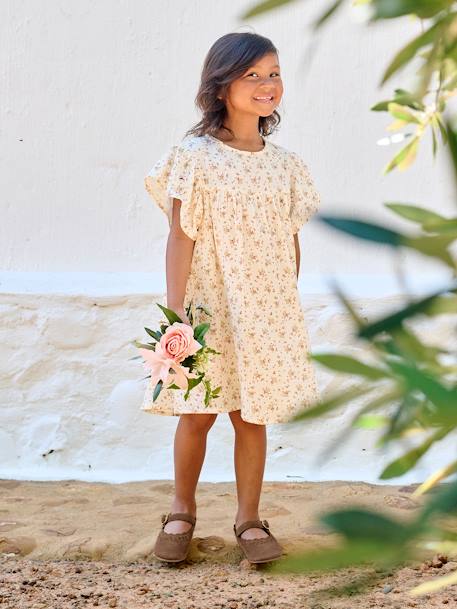 Jurk met bloemenprint van katoenen gaas beige+beige, bedrukt+lichtroze+vanille - vertbaudet enfant 