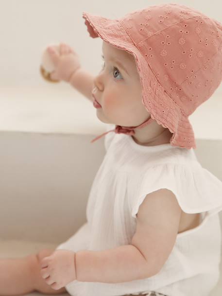 Hoed met Engels borduurwerk voor babymeisjes ecru+oudroze+saliegroen - vertbaudet enfant 