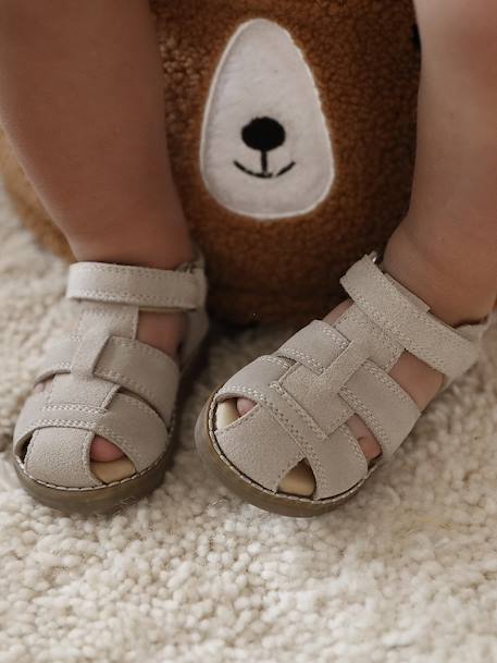 Gesloten sandalen met klittenband van leer voor baby's jeansblauw+zandbeige - vertbaudet enfant 