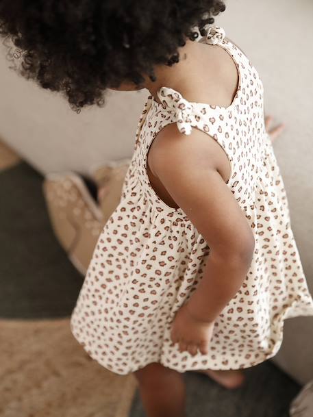Gedrukte babyjurk met schouderbandjes vanille - vertbaudet enfant 