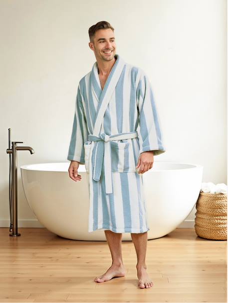 Gestreepte badjas voor volwassenen TRANSAT familie-capsulecollectie, personaliseerbaar, met gerecycled katoen blauw, gestreept+groen, gestreept+roze, gestreept - vertbaudet enfant 