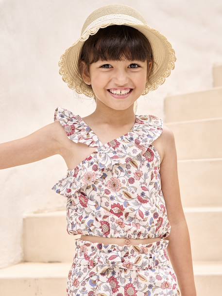 Asymmetrische meisjesblouse met bloemenprint en volant ecru - vertbaudet enfant 
