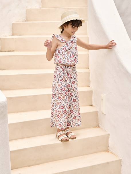 Asymmetrische meisjesblouse met bloemenprint en volant ecru - vertbaudet enfant 