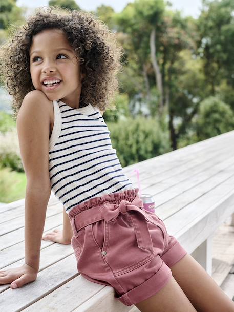 Meisjessweater in ribstof beige+blauw, gestreept+ecru+saliegroen - vertbaudet enfant 