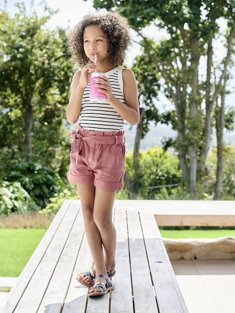 Meisjessweater in ribstof beige+blauw, gestreept+ecru+saliegroen - vertbaudet enfant 