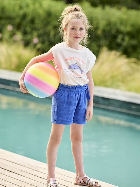 Meisjesshort in 'paperbag'-stijl, van katoengaas beige+felblauw+koraal+saliegroen - vertbaudet enfant 
