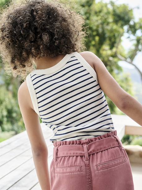 Meisjessweater in ribstof beige+blauw, gestreept+ecru+saliegroen - vertbaudet enfant 