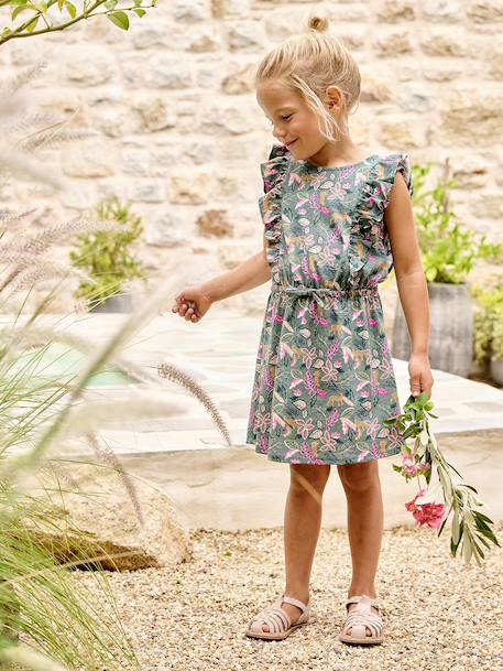 Meisjesjurk met ruches op de mouwen lichtroze+smaragdgroen+wit, bedrukt - vertbaudet enfant 