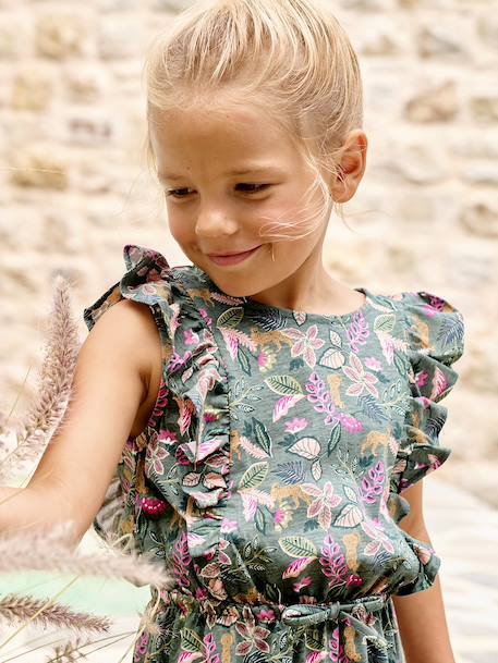 Meisjesjurk met ruches op de mouwen lichtroze+smaragdgroen+wit, bedrukt - vertbaudet enfant 