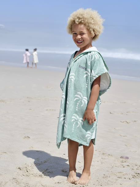 Gepersonaliseerde bad-/strandponcho voor kinderen, met gerecycled katoen blauw, geruit+lila+mintgroen - vertbaudet enfant 