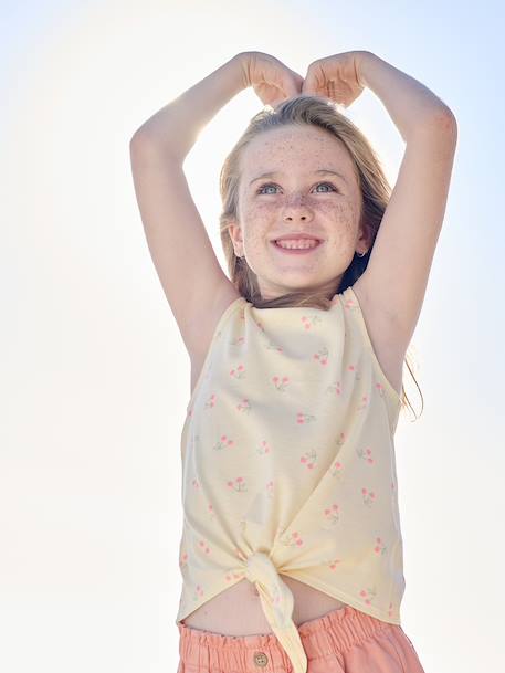 Bedrukte tanktop met knoop voor meisjes lichtgeel - vertbaudet enfant 