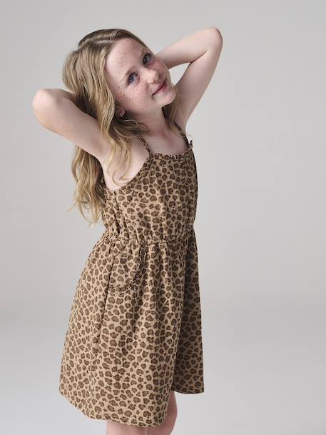 Jurkje met schouderbandjes van katoenen gaas voor meisjes beige+koraal+smaragdgroen - vertbaudet enfant 