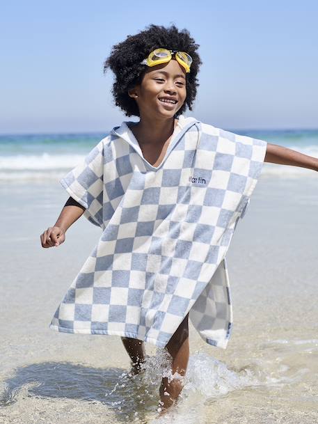 Gepersonaliseerde bad-/strandponcho voor kinderen, met gerecycled katoen blauw, geruit+lila+mintgroen - vertbaudet enfant 