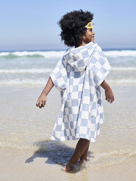Gepersonaliseerde bad-/strandponcho voor kinderen, met gerecycled katoen blauw, geruit+lila+mintgroen - vertbaudet enfant 