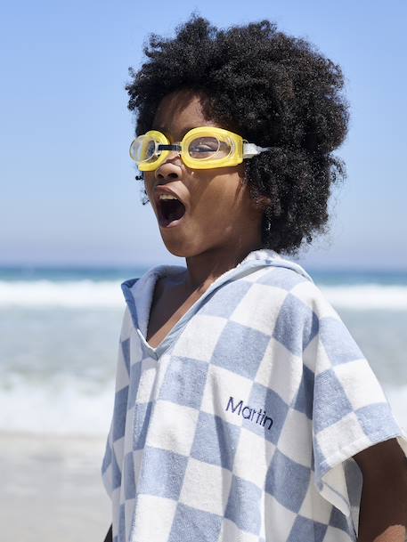 Gepersonaliseerde bad-/strandponcho voor kinderen, met gerecycled katoen blauw, geruit+lila+mintgroen - vertbaudet enfant 