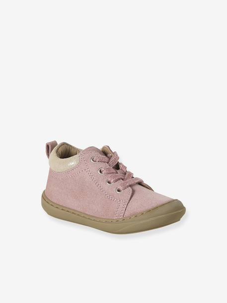 Baby eerste stapjes, veterschoenen van soepel leer bruin+donkerbruin+fuchsia+goudgeel+rozen - vertbaudet enfant 